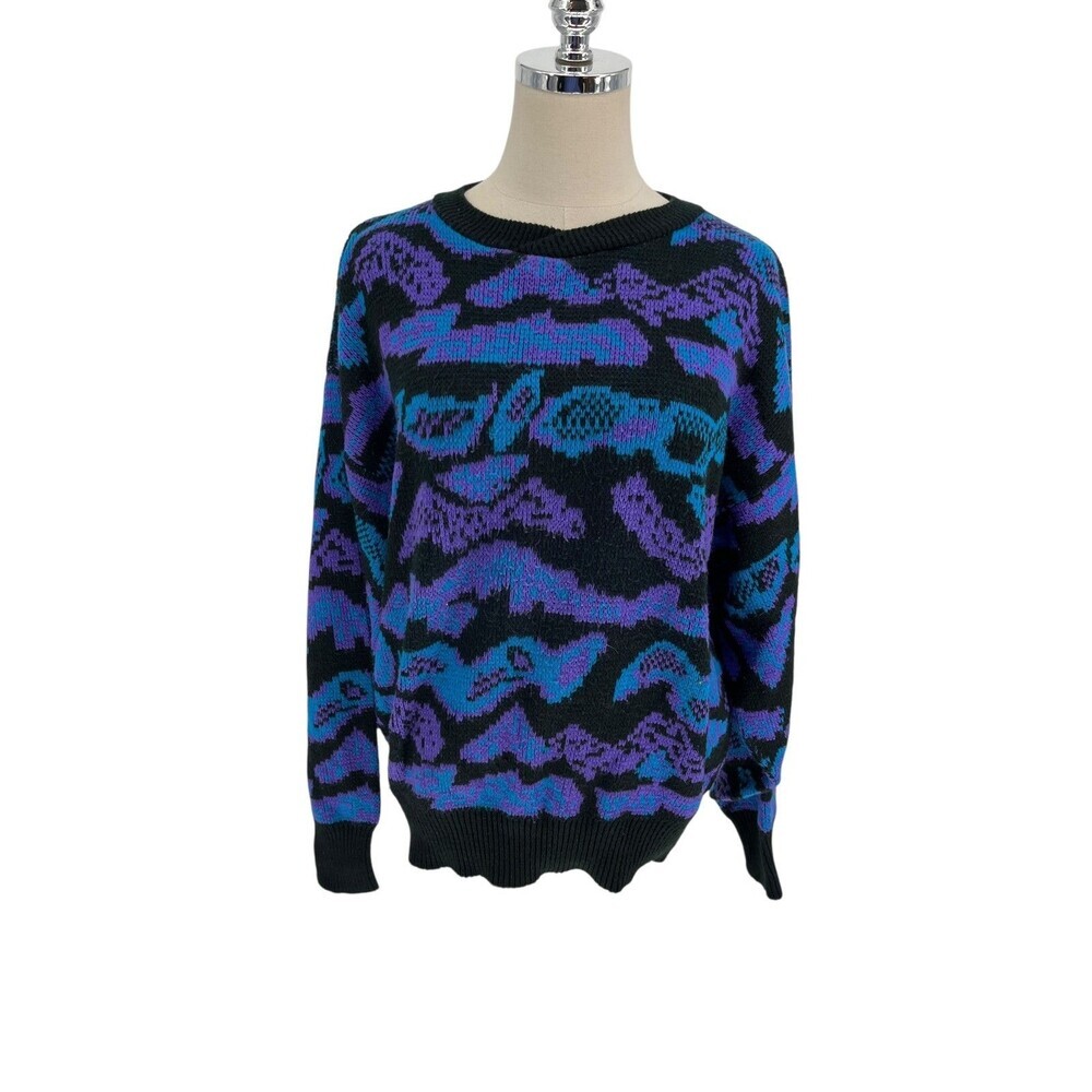 Bugle Boy USA Sweater Women's Size Medium Black Blue Crew Neck